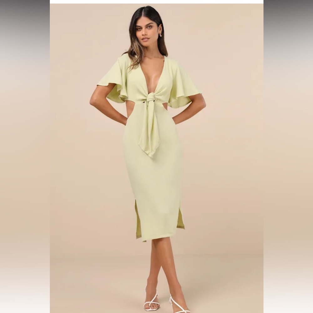 Summer Journey Light Green Tie-Front Cutout Midi Dress
